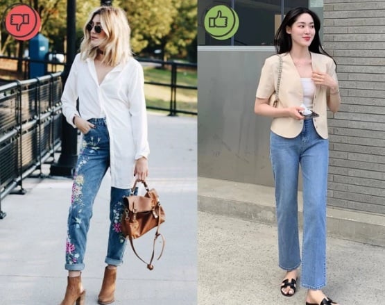 Quần jeans thêu điệu đà và nổi bật nhưng đem tới cảm giác sến sẩm cho phong cách.