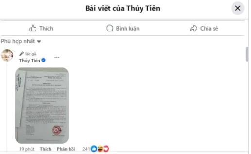 Thủy Tiên bình luận ảnh chụp “Thông báo Kết quả giải quyết nguồn tin về tội phạm”.