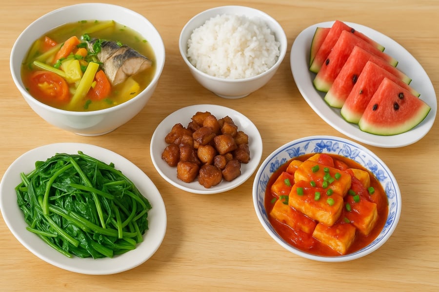 Mâm cơm ngày hè thanh mát, đủ chất, vừa túi tiền cho gia đình 4 người.