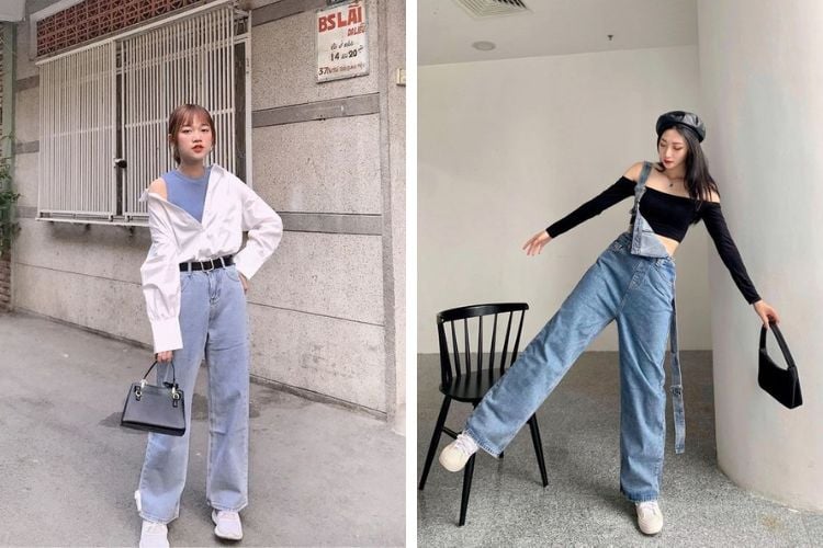 Những chiếc quần jeans ống rộng có độ rộng vừa phải, không quá lùng bùng sẽ giúp giữ được tỷ lệ cơ thể. 
