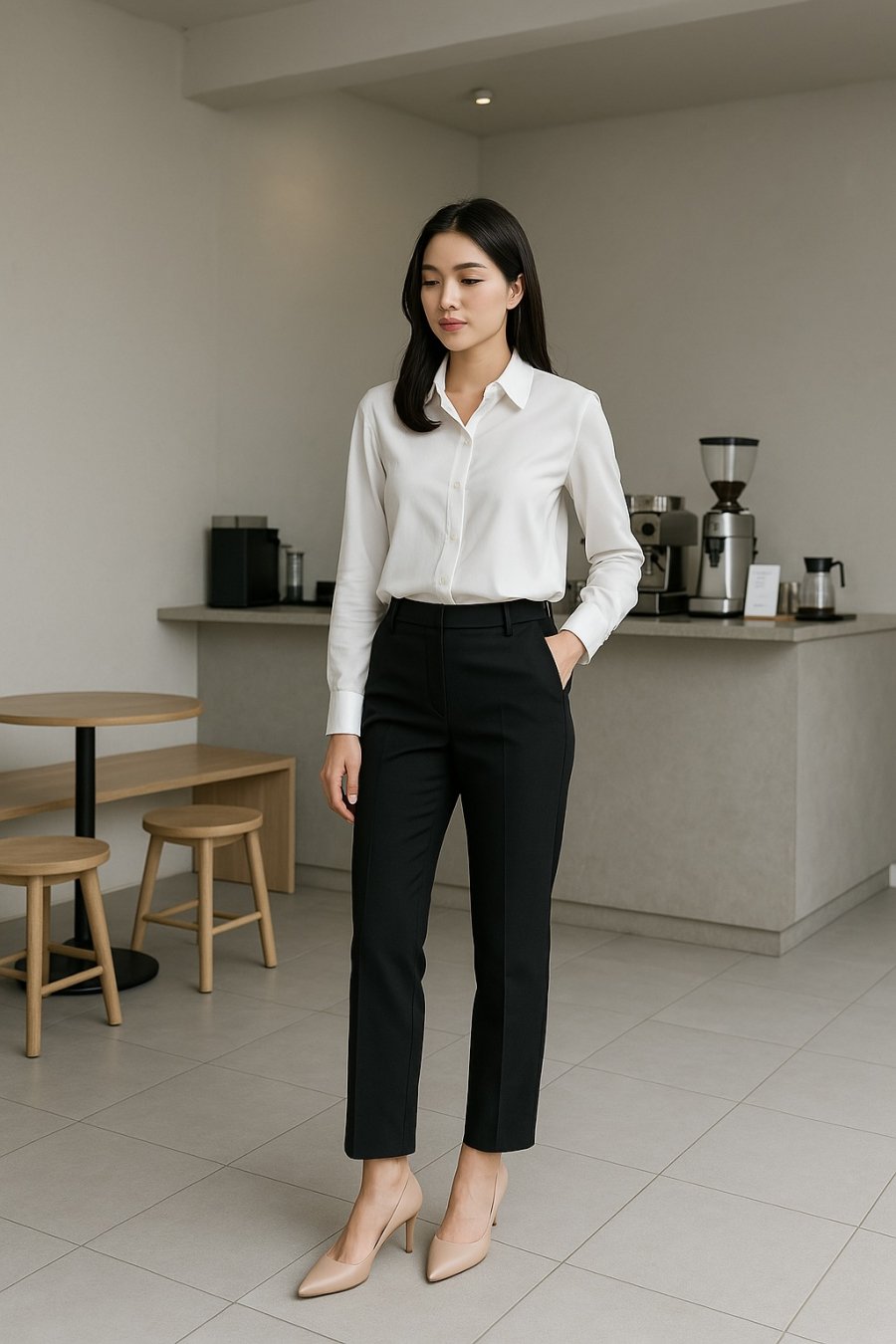 Giày cao gót mũi nhọn thường được làm từ da bóng hoặc da mềm, với độ cao từ 5-9 cm