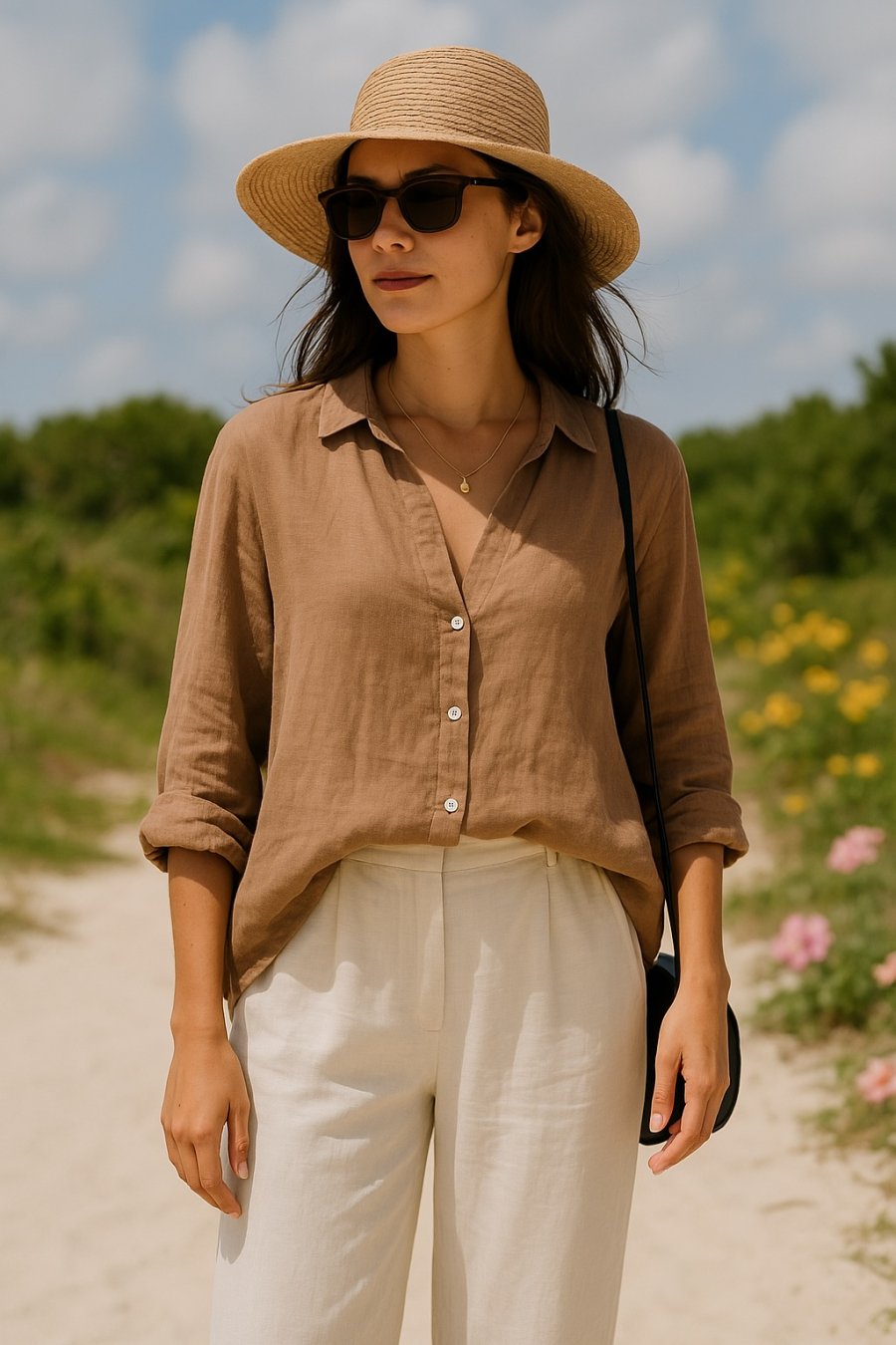 Áo linen + quần ống rộng + túi đeo chéo nhỏ: Phong cách này vừa thoải mái, vừa sành điệu, rất phù hợp cho những chuyến du lịch biển