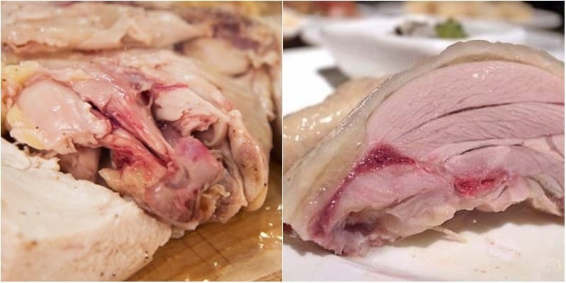 Gà luộc bị đỏ xương thường do chất myoglobin trong tủy xương phản ứng với không khí, tạo màu đỏ. 
