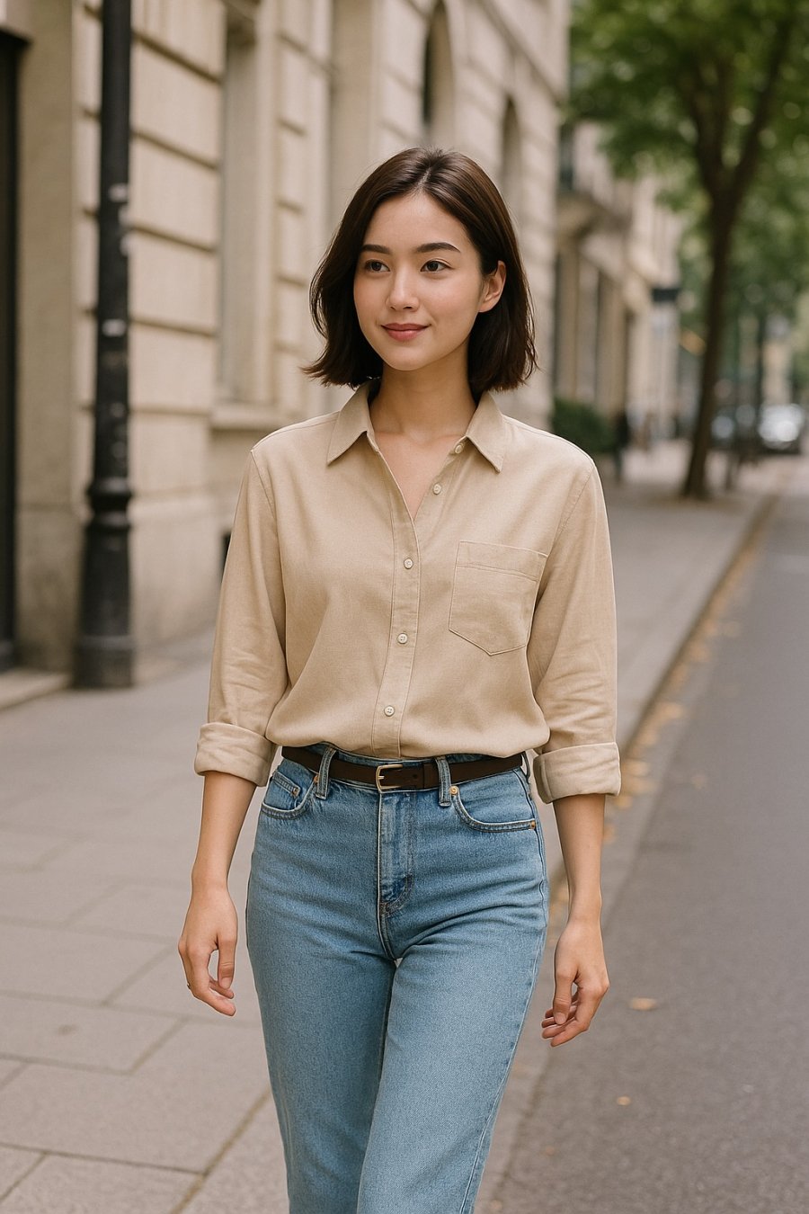Thanh lịch và trẻ trung với áo sơ mi be phối cùng quần jean – lựa chọn an toàn cho mọi ngày.
